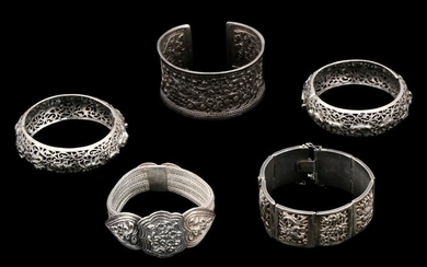 Collection of 5 Vintage Thai Silver Bracelets