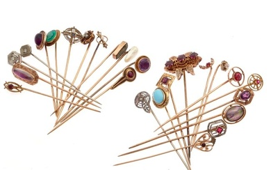 Collection of Twenty-Five Multi-Stone, Gold, Metal Stick Pins