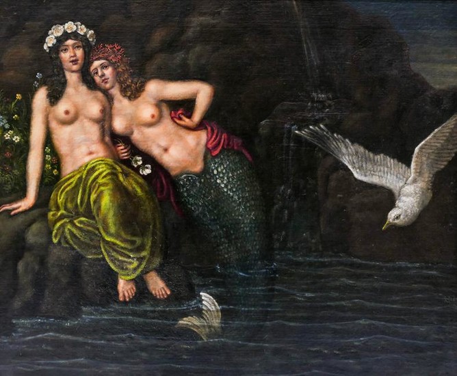 Continental School 19th Cent. Mermaids Oil on Canvas