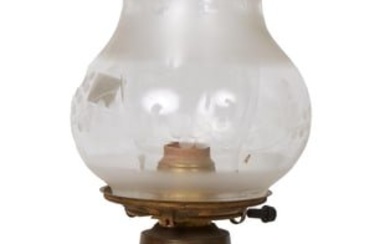 Cranberry Glass Overlay Oil Lamp, late 19th c., H.- 22 in., Dia.- 7 1/2 in.