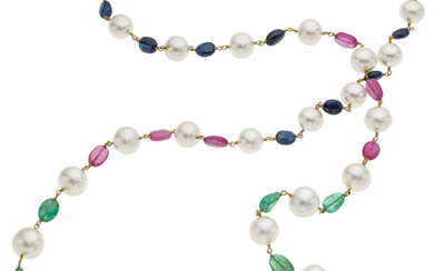 Cultured Pearl, Multi-Stone, Gold Necklace Stones: Emerald beads; pink...
