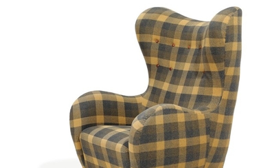 Danish furniture design: Easy chair with stained beech legs, upholstered with checquered wool fitted with brown leather buttons. 1930–40s.