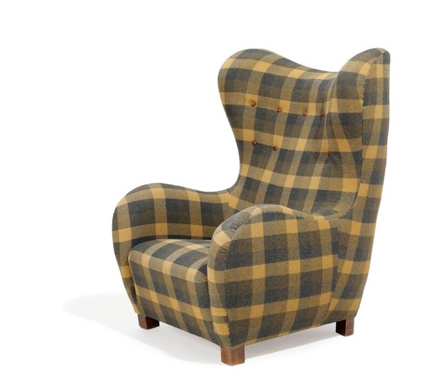 Danish furniture design: Easy chair with stained beech legs, upholstered with checquered wool fitted with brown leather buttons. 1930–40s.