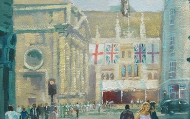 David Mynett, British 1942-2013- London street scene; watercolour and gouache, signed lower left, 41.5 x 31 cm (ARR).