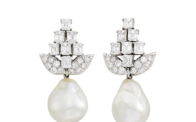 David Webb Pair of Platinum, Diamond and Baroque South Sea Cultured Pearl Pendant-Earrings with Interchangeable Pendant