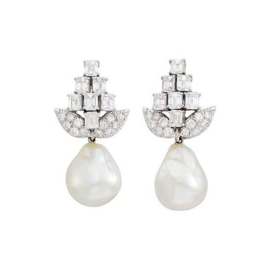 David Webb Pair of Platinum, Diamond and Baroque South Sea Cultured Pearl Pendant-Earrings with Interchangeable Pendant