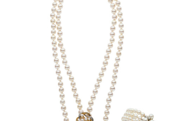 Diamond, Cultured Pearl, Gold Jewelry Suite Stones: Single-cut diamonds...