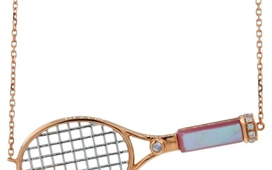 Diamond Pink Pearl Emerald 18 Karat Gold Tennis Racket Charm Pendant Necklace