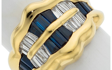 Diamond, Sapphire, Gold Ring Stones: Baguette-cut diamonds weighing a...