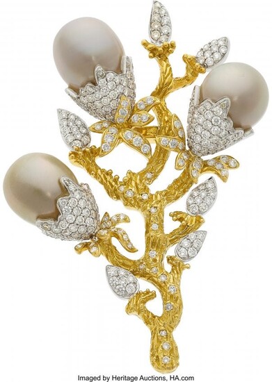 Diamond, South Sea Cultured Pearl, Gold Brooch