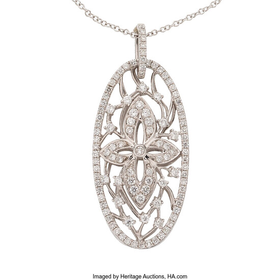 Diamond, White Gold Pendant-Necklace The pendant features full-cut diamonds...