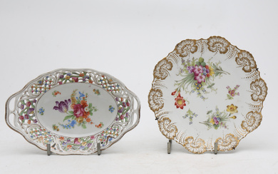 Dish and centrepiece in German porcelain and French opaline plaque in painted enamel, late 19th - early 20th Century.