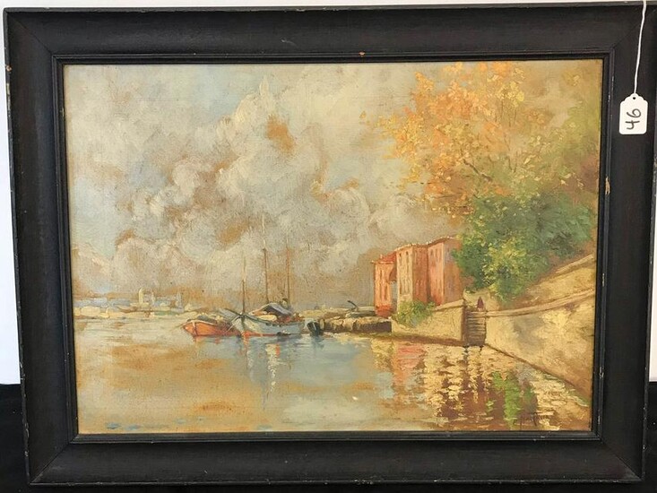 E. Hartlein Oil on Canvas Depicting Harbored Boats