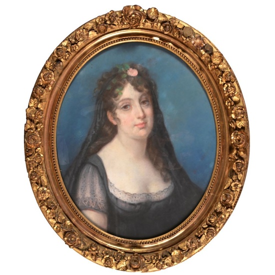 ÉCOLE ESPAGNOLE du XIXè. « Portrait de femme ». Pastel sur toile. Trace de signature...