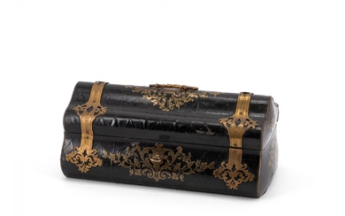 ELONGATED WOOD CASKET WITH BRASS FITTINGS AND GEOMETRIC VENEER