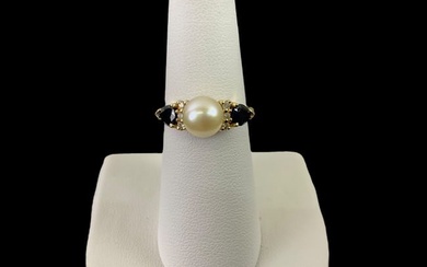 EMA 14K Yellow Gold, Pearl, Diamond and Blue Topaz Ring