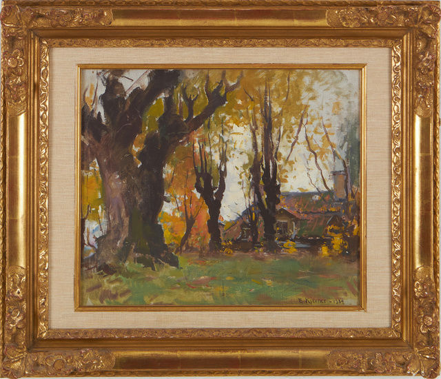 ESTHER KJERNER. Autumn landscape with cottage, oil on canvas, signed E. Kjerner, 1934.