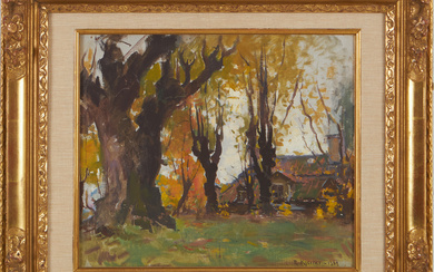 ESTHER KJERNER. Autumn landscape with cottage, oil on canvas, signed E. Kjerner, 1934.