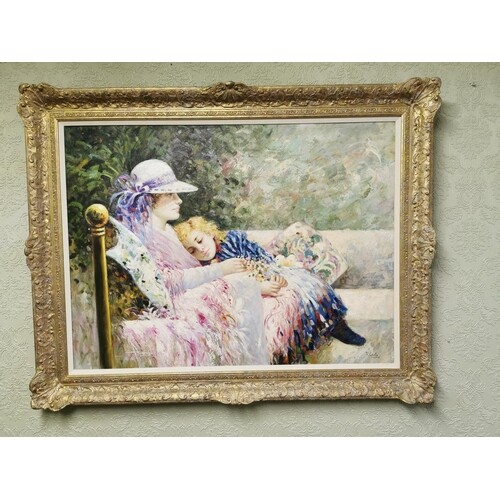 Early 20th C. oil on canvas Mother and Daughter signed {95 c...