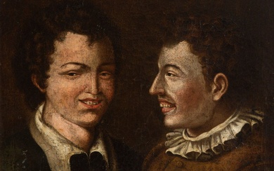 École d'ANNIBALE CARRACCI (Bologne, 1560 - Rome, 1609) "Jeunes gens riant". Huile sur toile. Elle...