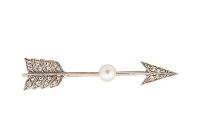 Edwardian A diamond and natural pearl arrow brooch Mounted ...