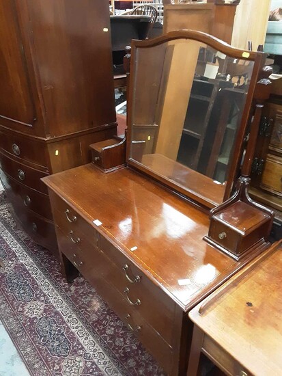 Edwardian inlaid mahogany dressing table with raised bevelled mirror back, two short and two long drawers below on square taper legs, 106cm wide, 47cm deep, 146cm high