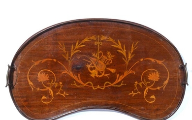 Edwardian mahogany marquetry kidney shaped tray