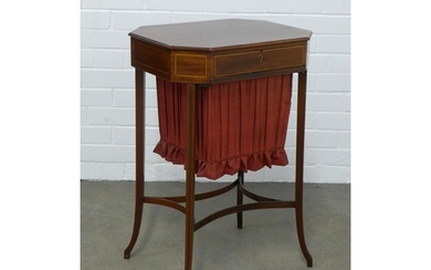 Edwardian mahogany sewing table with inlaid stringing, fabri...
