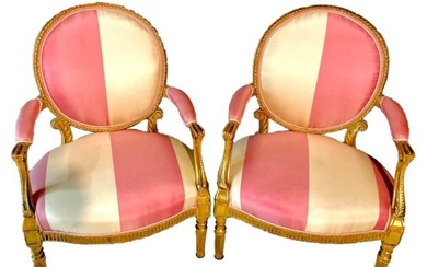 Elegant Pair of Custom Pink and White Louis XVI Style Bergere Giltwood Armchairs Pierre Fray Fabric