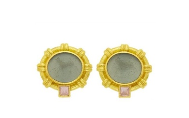 Elizabeth Locke Pair of Gold, Green Venetian Glass Intaglio, Mother-of-Pearl and Moonstone Earclips
