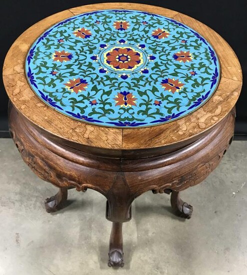 Enamel Top Asian Carved Wooden Side Table