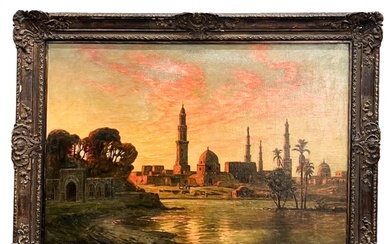 Ernest Karl Eugen Koerner (German, 1846-1927) Large Oil on Canvas Iraq Sunset Painting