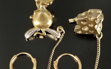Exceptional earring with mouse and a pair of hoop earrings, mouse earring with cheese clip on chain