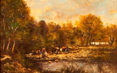 F. PERRET (XIXème siècle) Lavandières en bord de rivière.