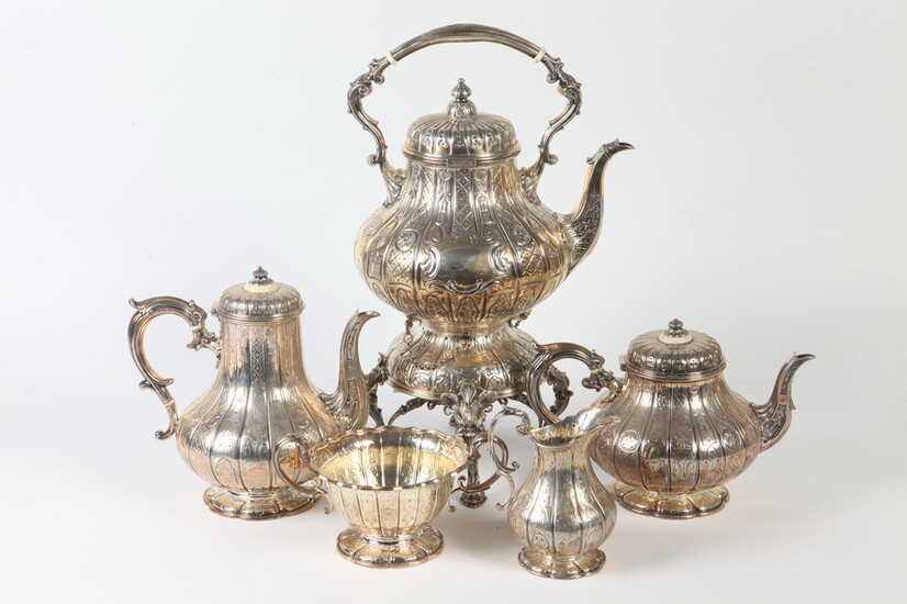 FIVE-PIECE LATE 19TH CENTURY HEAVY SILVER-ON-BRASS (PLATED) TEA/COFFEE SERVICE. Made...