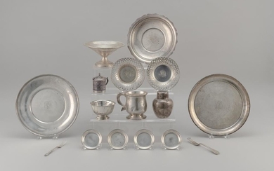 FOURTEEN PIECES OF AMERICAN STERLING SILVER HOLLOWWARE Together with two sterling silver forks. Sterling silver by various makers. M...