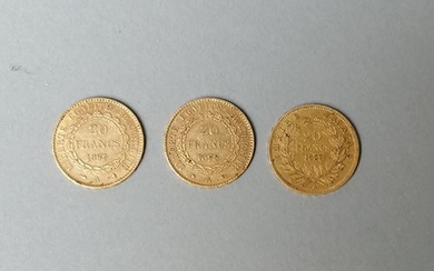 FRANCE. 3 coins 20 gold francs, 1878, 1897,...