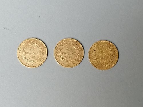 FRANCE. 3 coins 20 gold francs, 1878, 1897,...