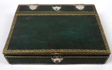FRENCH GREEN MOROCCAN LEATHER WRITING BOX WITH SILVERPLATED MOUNTS, EARLY 19TH CENTURY 2 1/4 x 10 1/2 x 9 in. (5.7 x 26.7 x 22.9 cm.)
