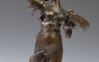 FRENCH PATINATED BRONZE FIGURAL SCULPTURE, YOUNG LADY WITH BIRD