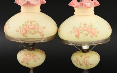 Fenton Burmese Hand-Painted Glass and Brass Student Lamps, Mid/ Late 20th C