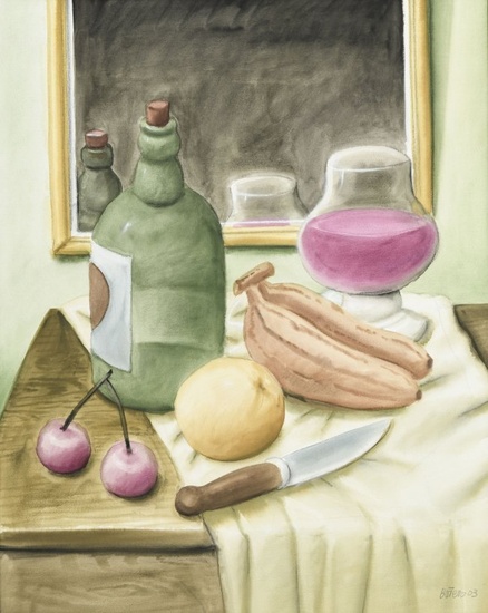 Fernando Botero (1932), Nature morte aux fruits et bouteille, 2003