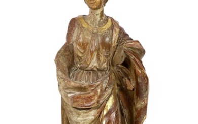 Figure espagnole en bois sculpté du XVIIIe siècle représentant une sainteavec des robes parcellaires dorées...