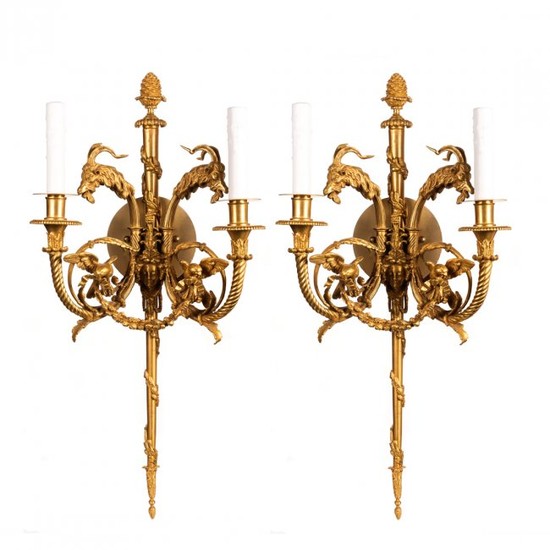 Fine Pair of Gilt Bronze Two-Light Wall Sconces