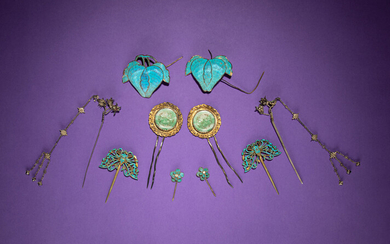 Five Pairs of Kingfisher Feather and Jadeite Embellished Hairpins