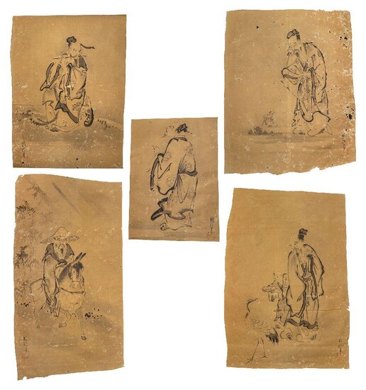 AMENDMENT: Please note these pictures were rescued from a damaged Byobu folding screen in Nara Japan. Five after Kano Chikanobu ink on papers, Japanese 1615-1868, each signed Chikanobu hitsu in black ink with worn red seal beneath, to include man...
