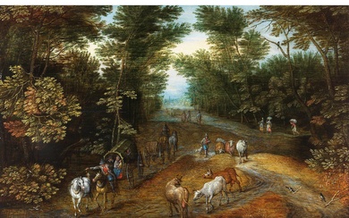 Flämischer Meister aus dem Kreis des Jan Brueghel d. J., WALDSCHNEISE ZUR STADT MIT BELEBTEM REISEVERKEHR