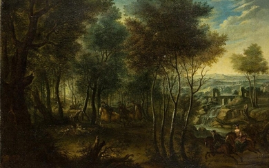 Follower of Peter Tillemans, Flemish 1684-1734- Stag hunt; oil on canvas, 37.4 x 55.3 cm. Provenance: Private Collection, UK.