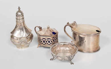 Four Assorted Silver Condiment-Items, comprising a Victorian oval mustard-pot with...