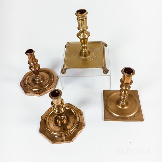 Four Continental Early Brass Candlesticks, 17th and 18th century, ht. to 6 1/4 in.